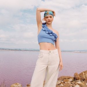 Zara Floral Asymmetric Top in Sky Blue size SMALL